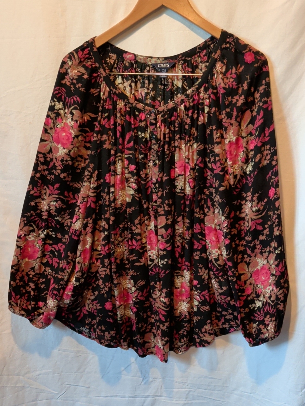 Chaps Black Blouse with Pink and Gold Floral Print